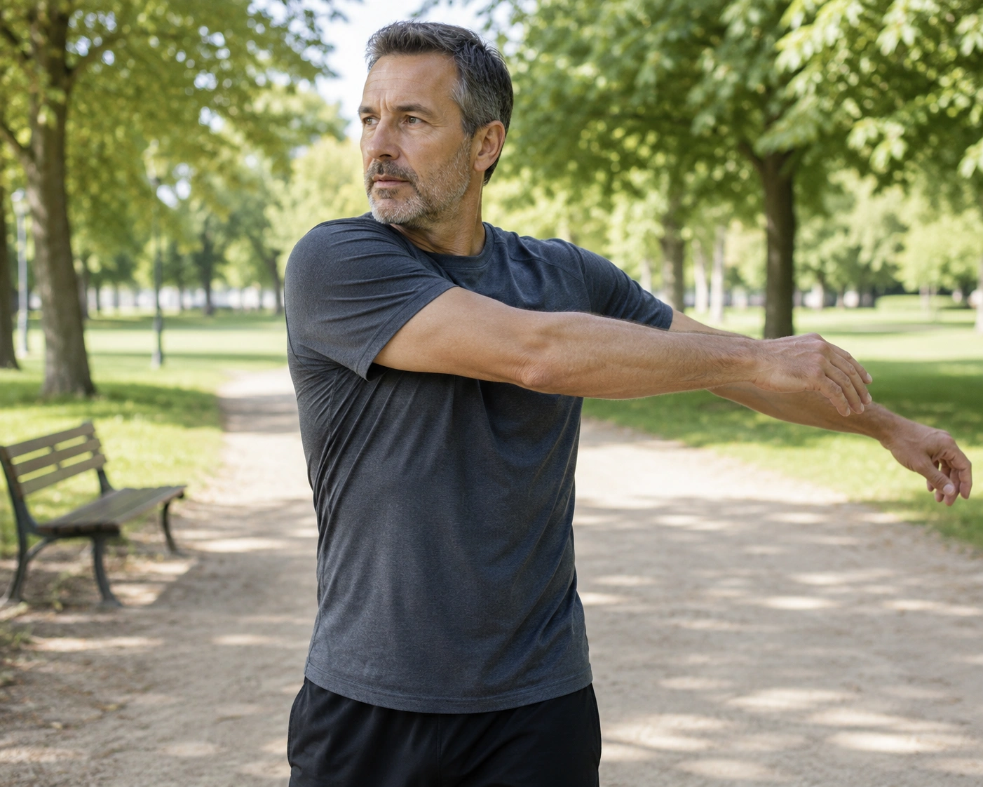 Échauffement sport après 40 ans : homme de 50 ans réalisant des rotations de bras avant une séance en extérieur