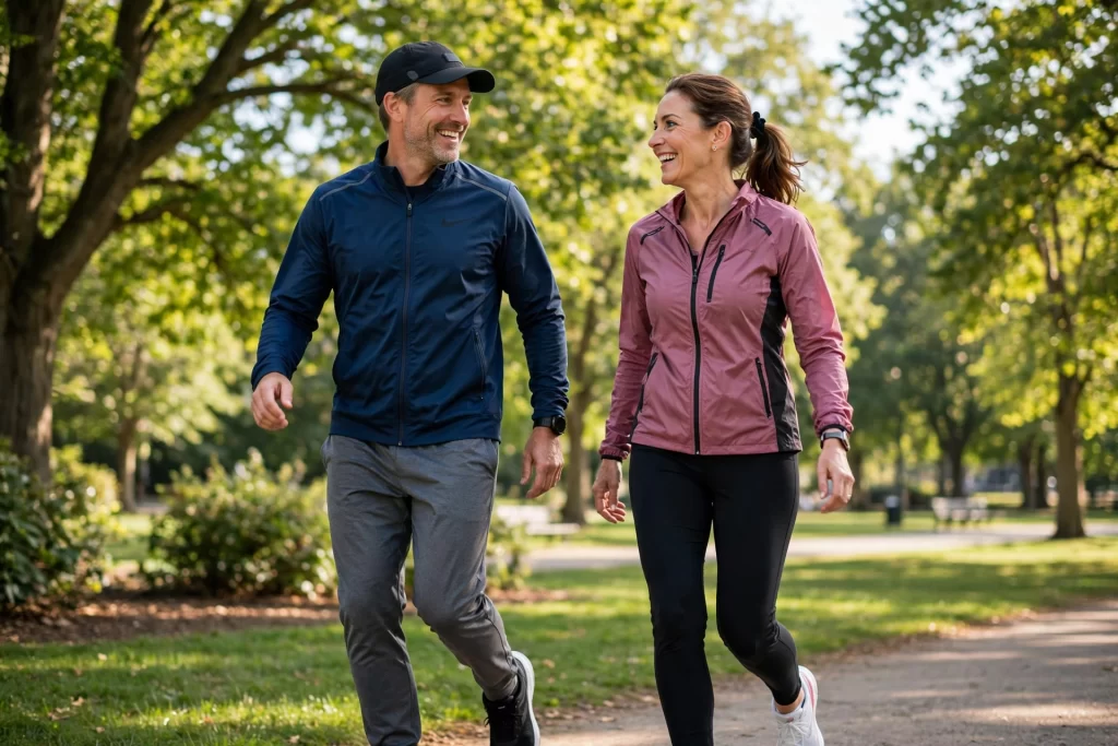 Combien de fois par semaine faire du sport après 40 ans : marche rapide en couple
