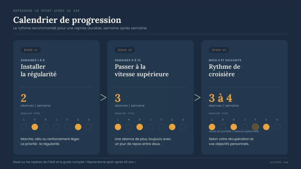Calendrier de progression pour reprendre le sport après 40 ans : évolution de 2 à 4 séances par semaine sur plusieurs mois.