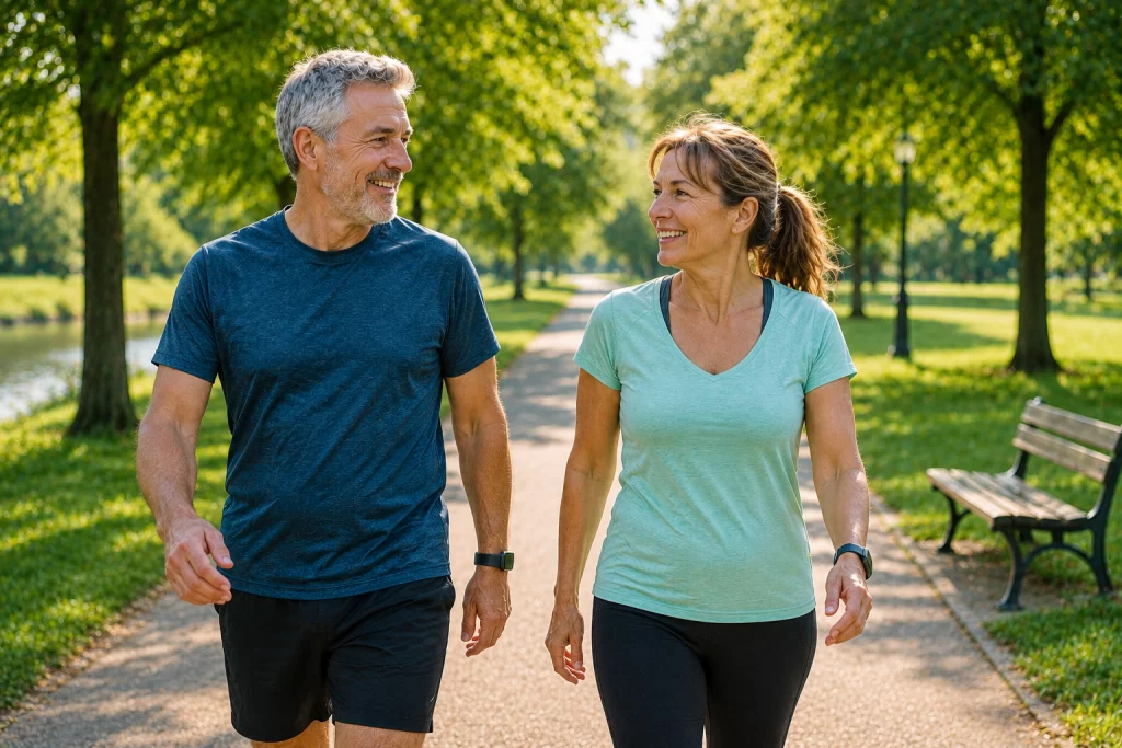 Couple de plus de 50 ans qui reprend le sport après un arrêt avec une marche en parc