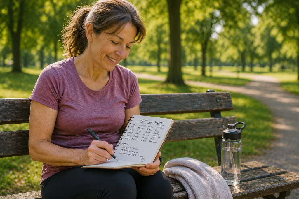Femme de 50 ans qui note ses progrès après avoir repris le sport après un arrêt