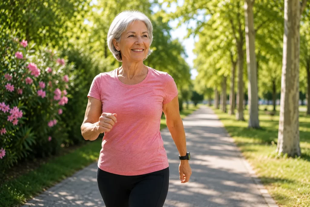 Reprendre le sport après 60 ans : homme et femme de 60 ans marchant d'un pas dynamique dans un parc