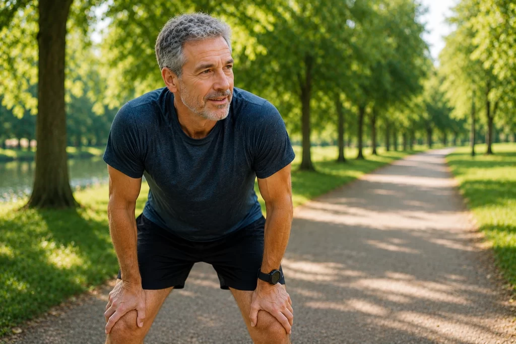 Homme de 50 ans faisant une pause après son entraînement pour savoir quand arrêter une séance de sport