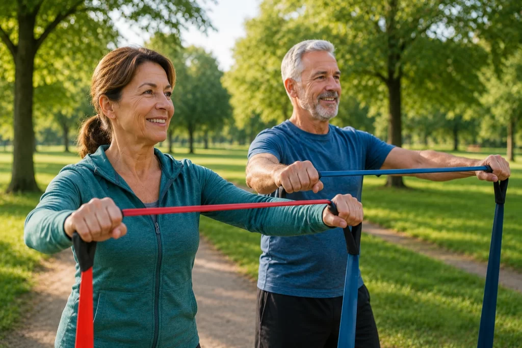 Comment reprendre le sport après 50 ans : homme et femme de 55 ans faisant des exercices avec des élastiques