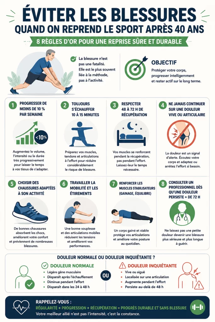 Infographie : éviter les blessures quand on reprend le sport après 40 ans en 8 étapes