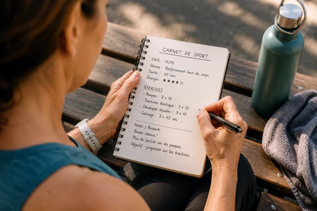 Comment reprendre le sport après 50 ans : personne notant ses séances dans un carnet de sport