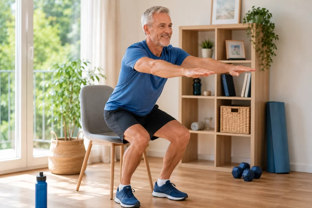 Senior effectuant un exercice assis-debout pour reprendre le sport après 60 ans