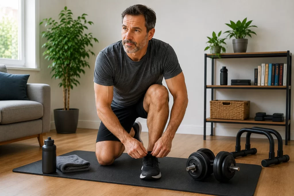 Débutant de 45 ans commençant une séance de renforcement musculaire après 40 ans à la maison