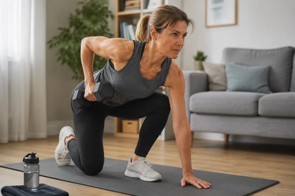 Femme de 45 ans réalisant un exercice de renforcement musculaire après 40 ans