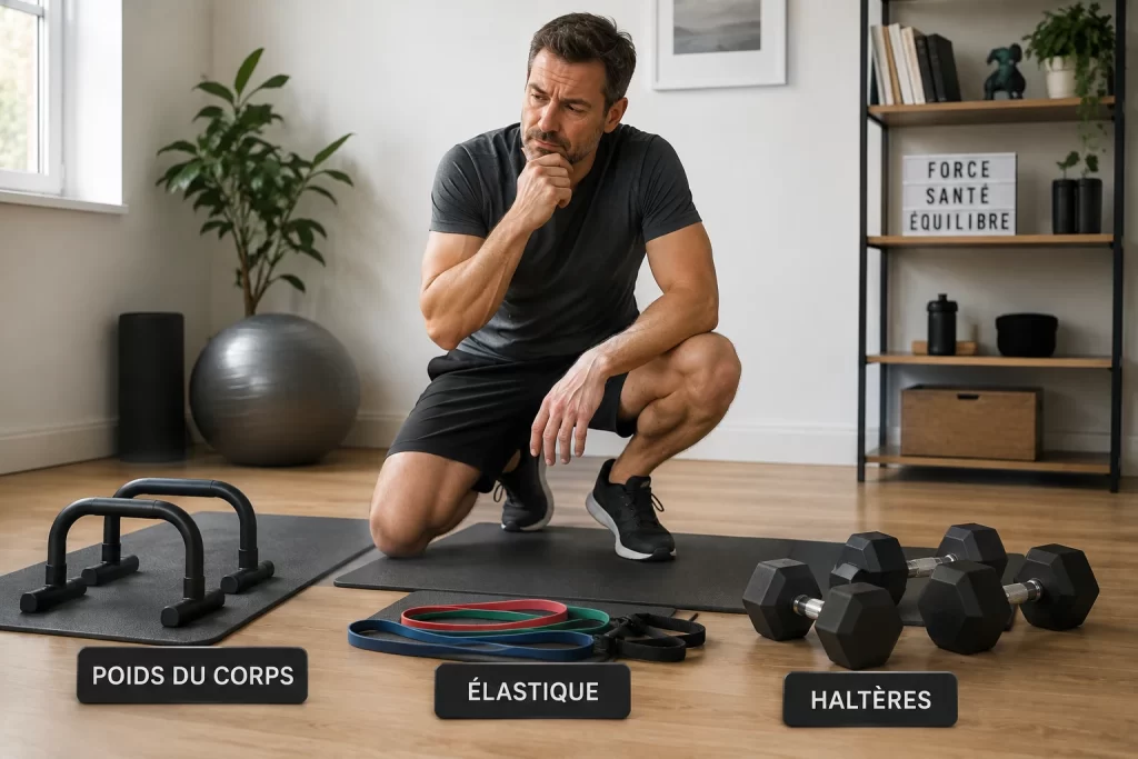 Différentes méthodes de renforcement musculaire après 40 ans avec poids du corps, élastique et haltères
