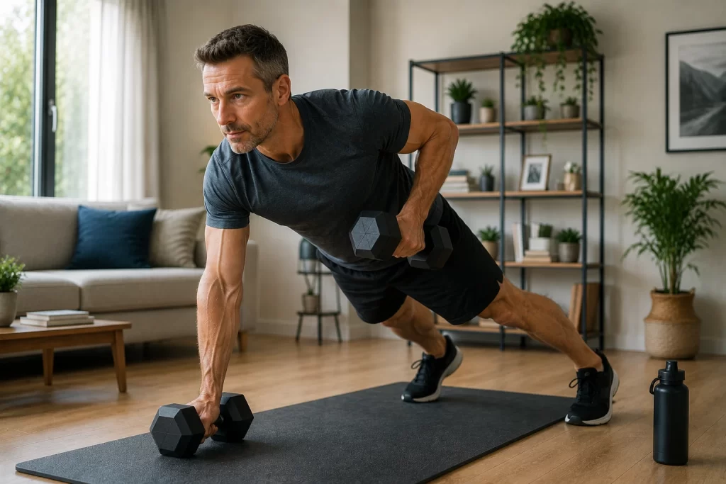 Homme de 45 ans réalisant un exercice de renforcement musculaire pour prendre du muscle