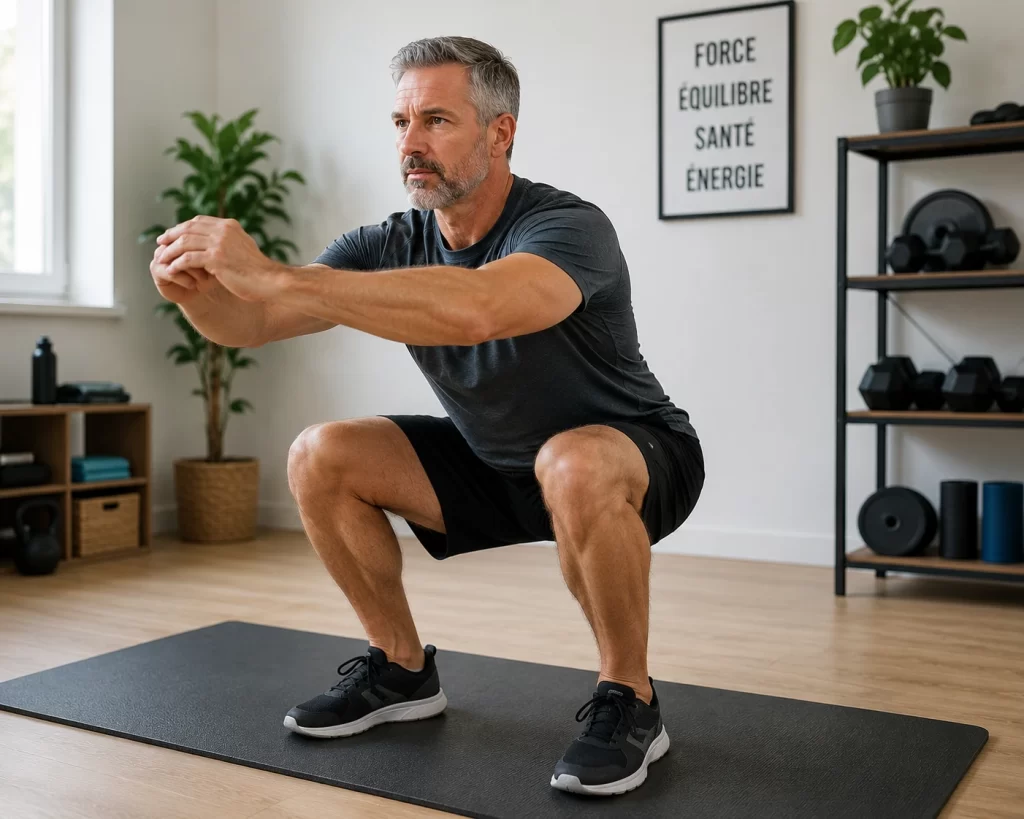Homme de 50 ans réalisant un exercice de squat pour le renforcement musculaire